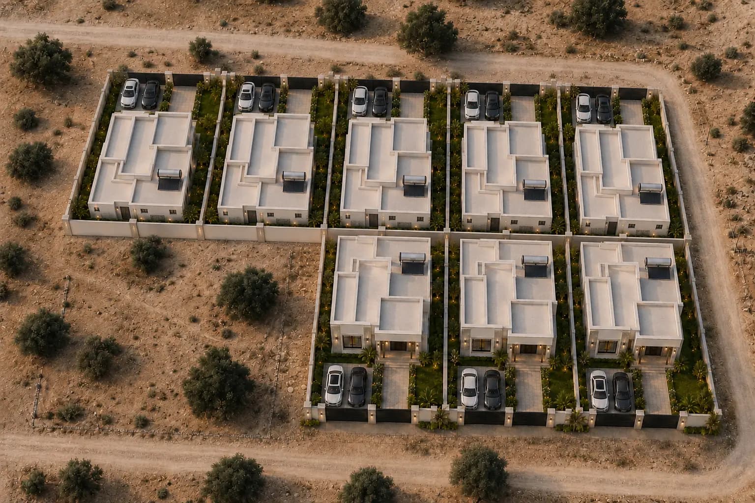 Aerial site arrangement showing eight Sareedo Court homes